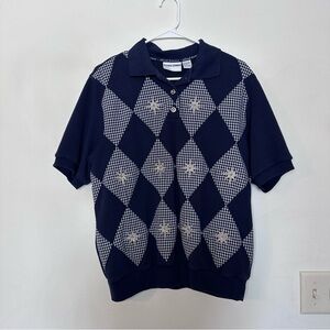 Alfred Dunner Navy and White Argyle Polo